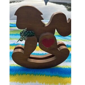 Vintage Handmade Wooden Rocking Horse Figurine Heart Bow Design Folk Art Decor